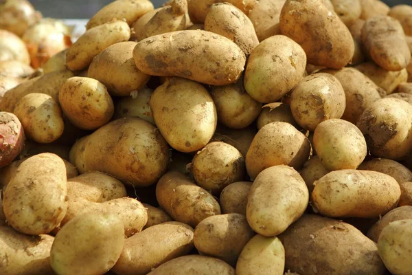 Patatas sobre el fondo de textura del mercado — Foto de Stock