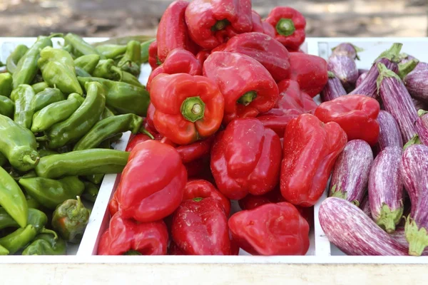 Berinjela pimenta vermelha pimentas verdes na loja de mercado — Fotografia de Stock