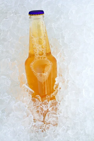 Μπουκάλι μπύρας στο φρέσκο παγωμένος γυαλί πάγου — Φωτογραφία Αρχείου