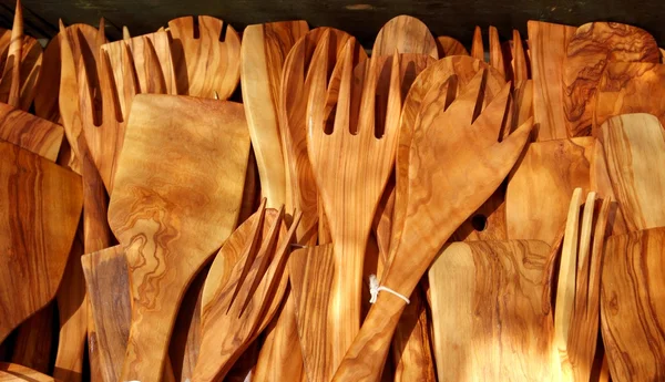 Posate ulivo legno spagnolo utensili da cucina tradizionali — Foto Stock