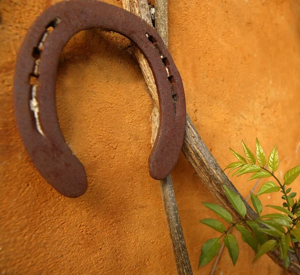 Horseshoe op de oranje muur, goed geluk — Stockfoto