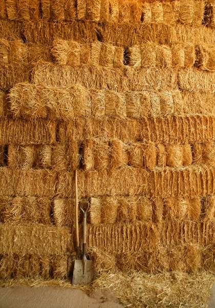 Golden straw bales wall and tools — Stock Photo, Image
