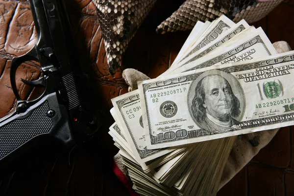 美元债券和黑色手枪的枪 — 图库照片