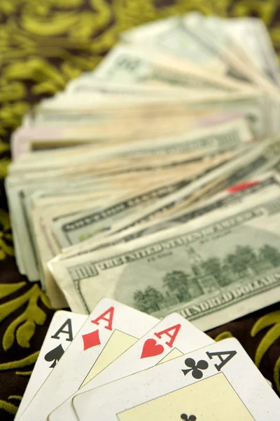 Dollar notes and poker cards, gambler tools — Stock Photo, Image