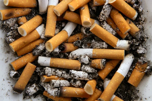 Askkoppen full av cigaretter. smutsiga tobak konsistens — Stockfoto