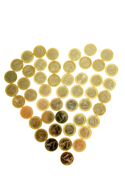 ハートの形でユーロ通貨の硬貨 — ストック写真