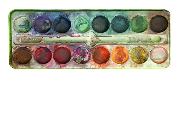 Gebruikte kleurrijke aquarel palet over Wit — Stockfoto