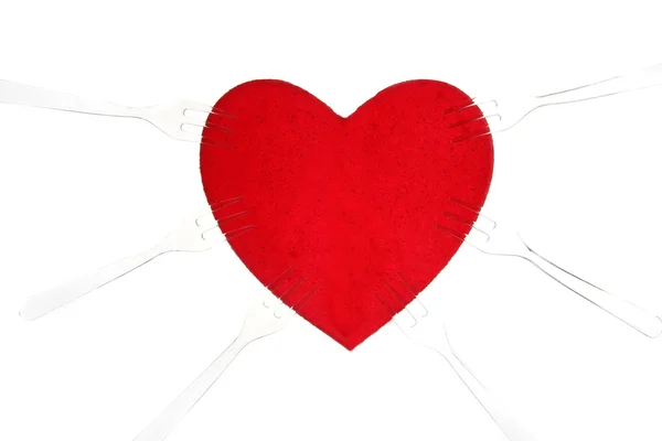 Valentines res corazón y tenedores alrededor —  Fotos de Stock
