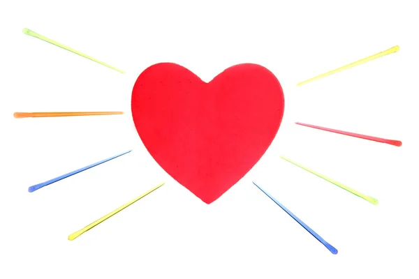 Valentines red heart with color pins — Stock Photo, Image