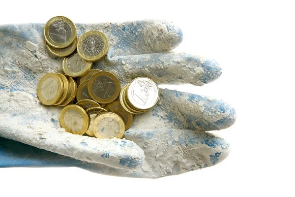 Euro-muntstukken over vuile handschoenen — Stok fotoğraf