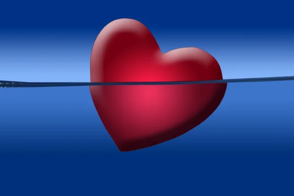 Red heart illustration shape sinking into the blue water — Stock Photo, Image