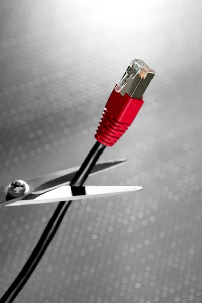 Cięcie nożyczkami połączenie czerwony kabel sieciowy rj45 — Zdjęcie stockowe