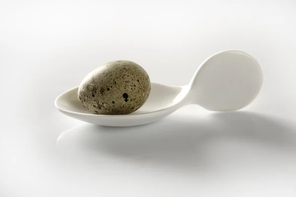 Перепелиное яйцо в керамической белой ложке — стоковое фото