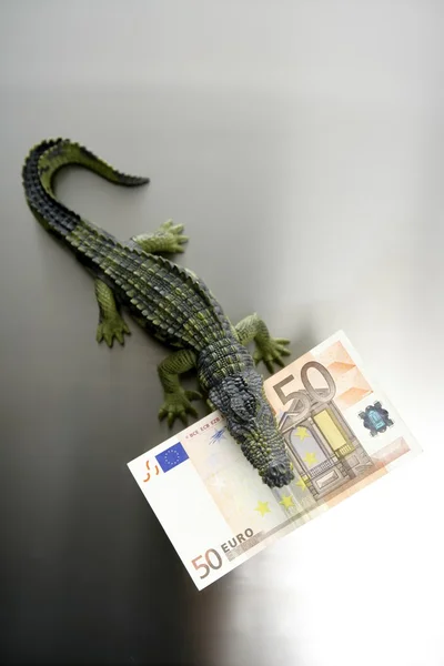Speelgoed cocodrile, aligator, met vijftig euro biljet in zijn kaken — Stockfoto
