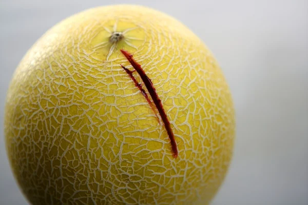 Bloody yellow melon killed by knife — Stock Photo, Image