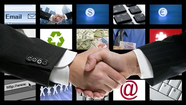 Tech tv video komunikační obrazovka handshake — Stock fotografie