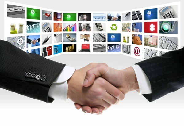 Tech tv video communication screen handshake — Stockfoto