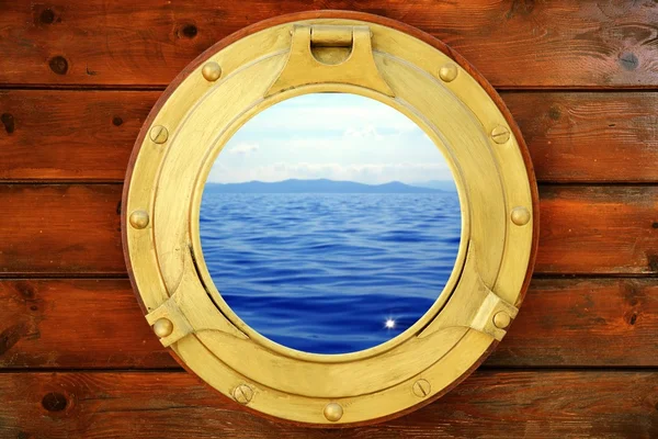 Boat closed porthole with vacation seascape view — Stock Photo, Image