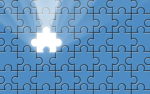 Blue puzzle with missing piece and light beam — Stock Photo, Image