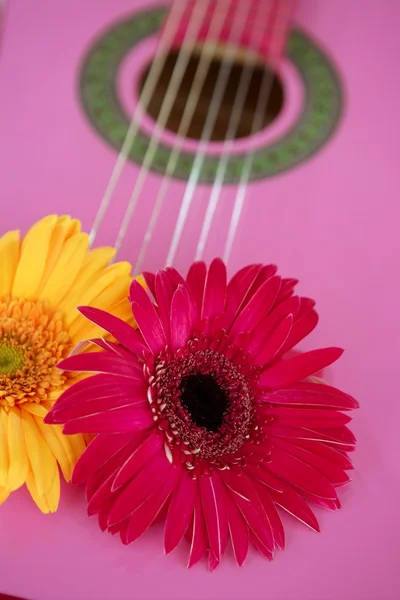 Hippie květ žlutá růžová gerbera na kytaru — Stock fotografie