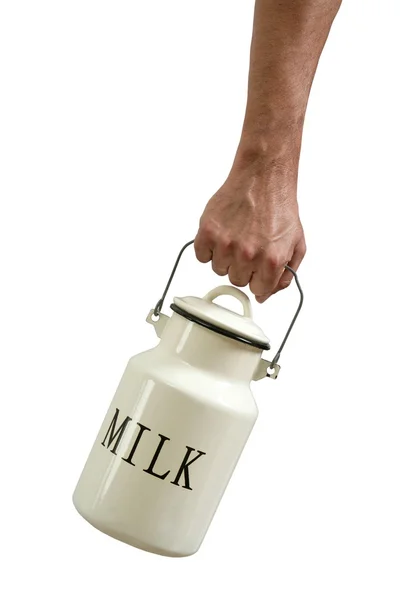 Γάλα ποτ urn στα χέρια του αγρότη απομονωθεί σε λευκό — Φωτογραφία Αρχείου