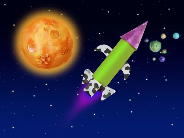 Färgglada fantasi raket flyger i blå rymden — Stockfoto