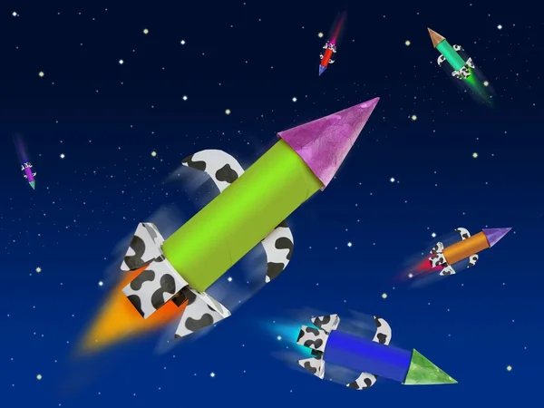 Mavi boşluğa uçan renkli fantezi roket — Stok fotoğraf