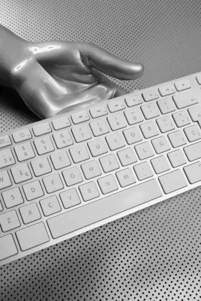 Computer keyboard aluminum silver hand — Stock Photo, Image
