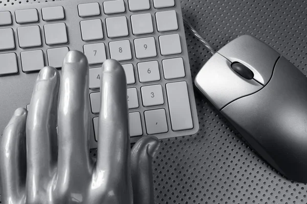 Computer keyboard mouse silver hand futuristic — Stock Photo, Image