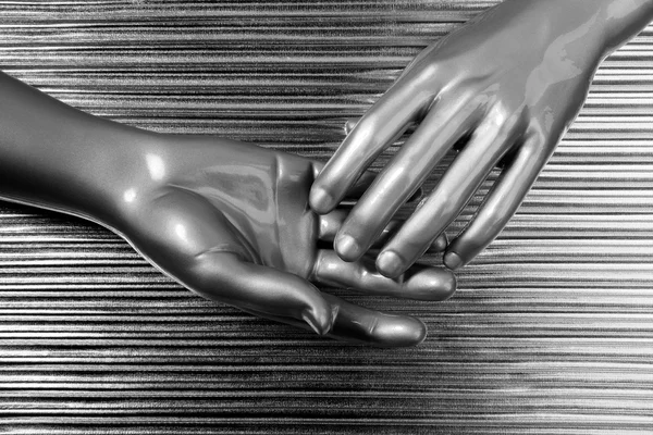 Hands together futuristic robot silver steel — Stock Photo, Image
