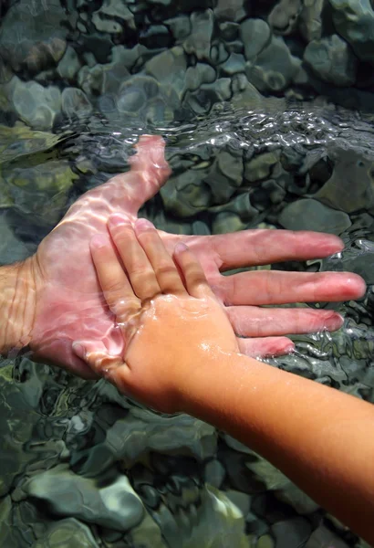 Vuxna och barn händer som håller vattnet — Stockfoto