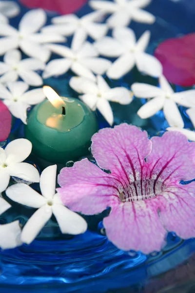 茉莉花、 和粉红色 asarina，蜡烛和蓝色的水 — 图库照片