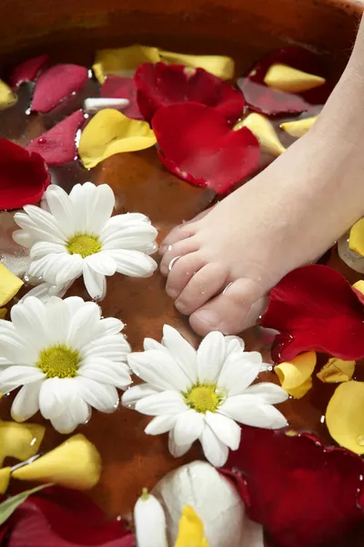Aromaterapi, blommor fötter bad, rosa kronblad — Stockfoto