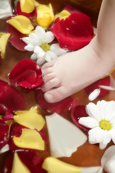Aromaterapi, blommor fötter bad, rosa kronblad — Stockfoto