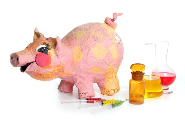 Hermoso cerdito rosa con medicina AH1N1 —  Fotos de Stock