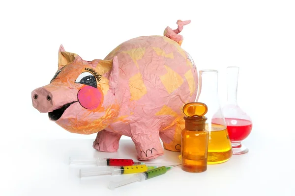 Porc roz frumos cu medicament AH1N1 — Fotografie, imagine de stoc