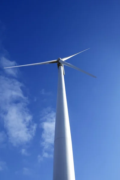 Elektrické větrný mlýn nad modrou oblohu při pohledu z podlahy — Stock fotografie
