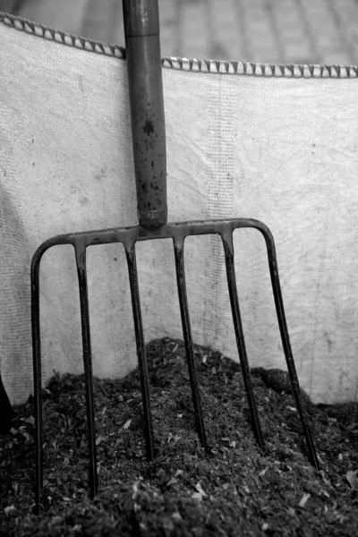 Horse stable witth herramienta tenedor de paja, aserrín . — Foto de Stock