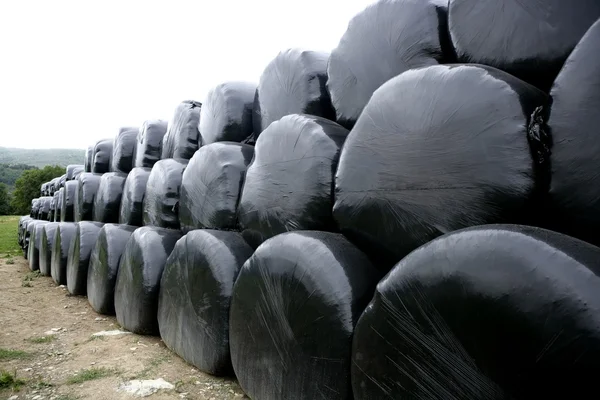 Fekete műanyag wrap fedezetet gabona bála — Stock Fotó