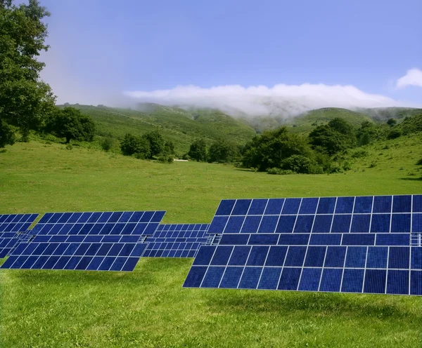 Placas solares de energia elétrica limpa no prado — Fotografia de Stock