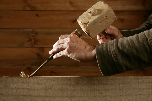 Gouge wood chisel carpenter tool hammer hand — Stockfoto