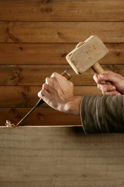 Gouge wood chisel carpenter tool hammer hand — Stockfoto