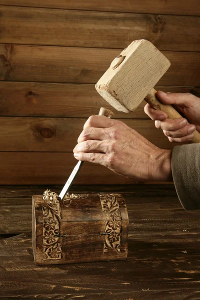 Gouge wood chisel carpenter tool hand hammer — Stok fotoğraf