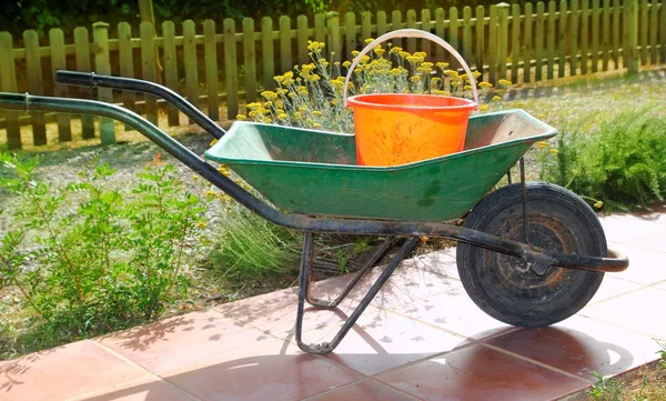 Gardener green wheel barrow with orange pail — Stock Photo, Image