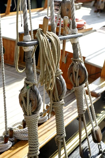 stock image Sailboat wooden marine rigs and ropes