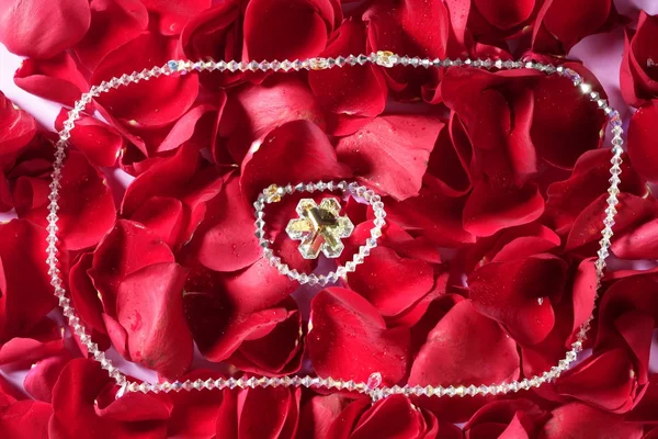 Lesklé šperky nad červených růží — Stock fotografie