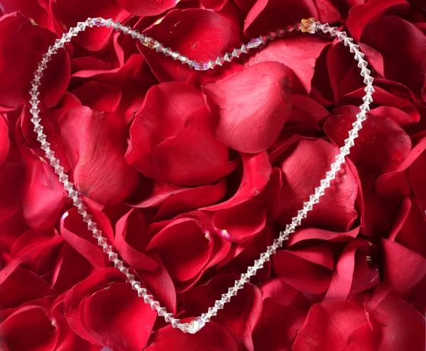 Collana di gioielli sopra petali di rosa rosso — Foto Stock