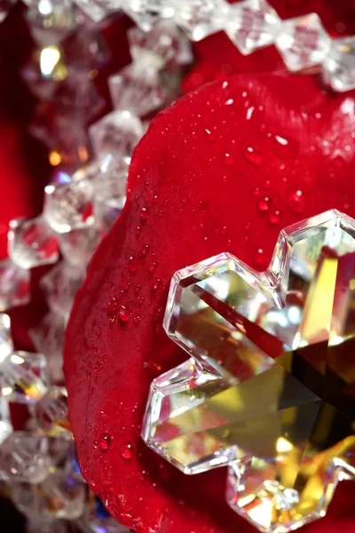 Bijoux brillants sur pétales de rose rouge — Photo