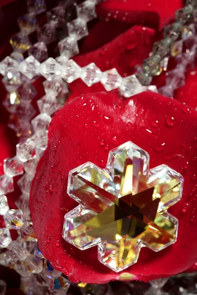 Shiny jewelry over red rose petals — Stock Photo, Image