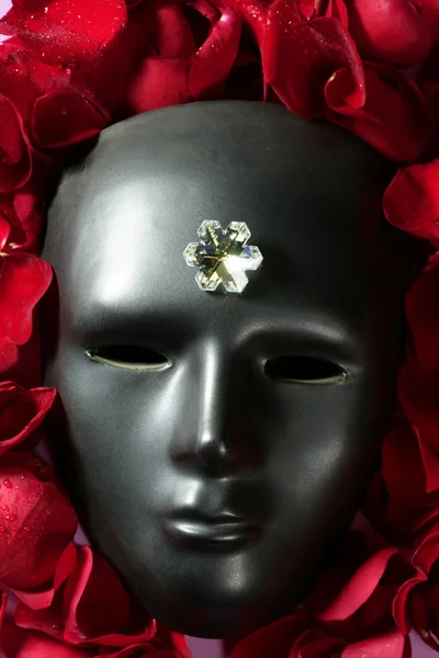 Maschera di carnevale nero con petali di rosa rossa — Foto Stock